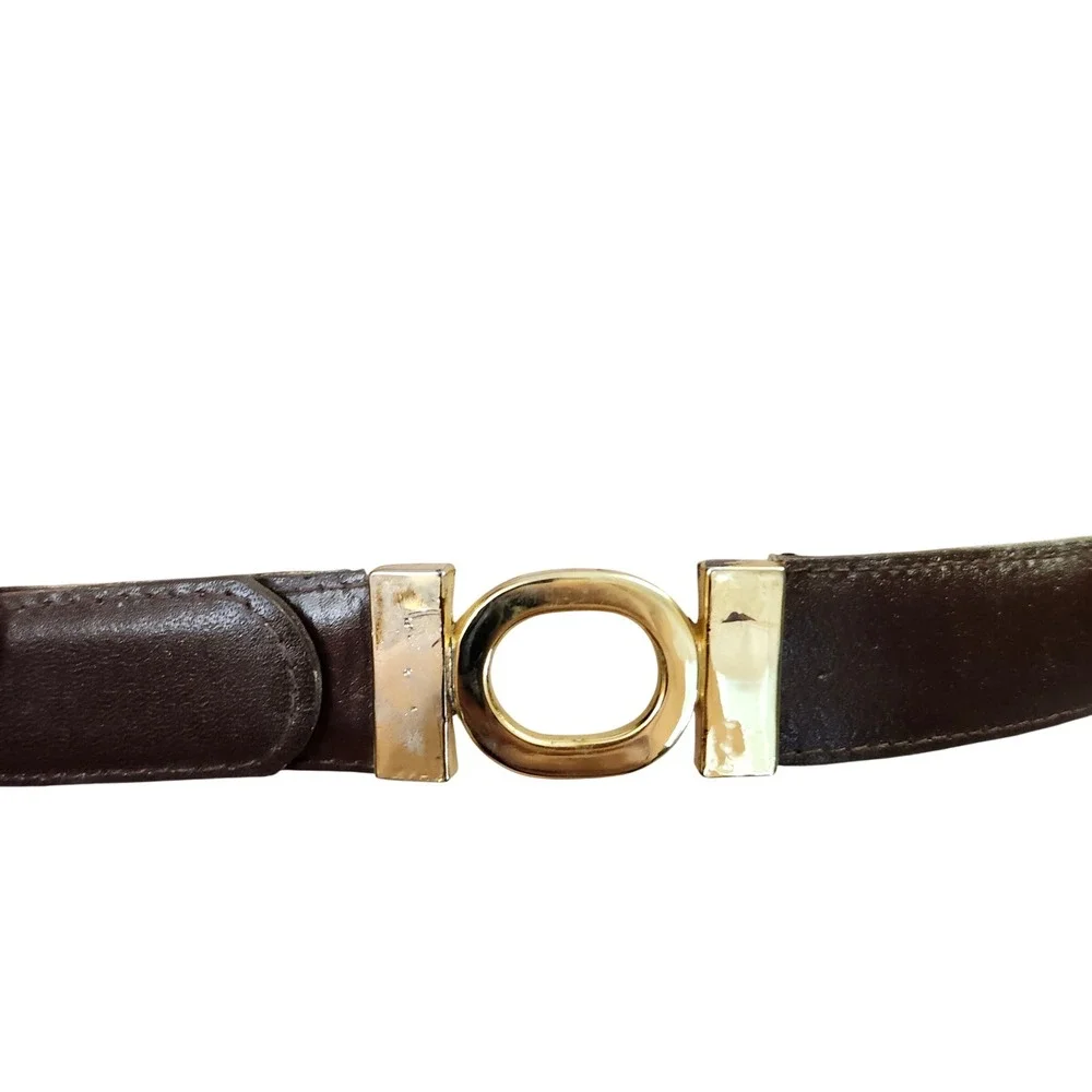 Classic Dark Brown Genuine Leather Belt with Gold Ring Accents Sz L Dk Academia‎